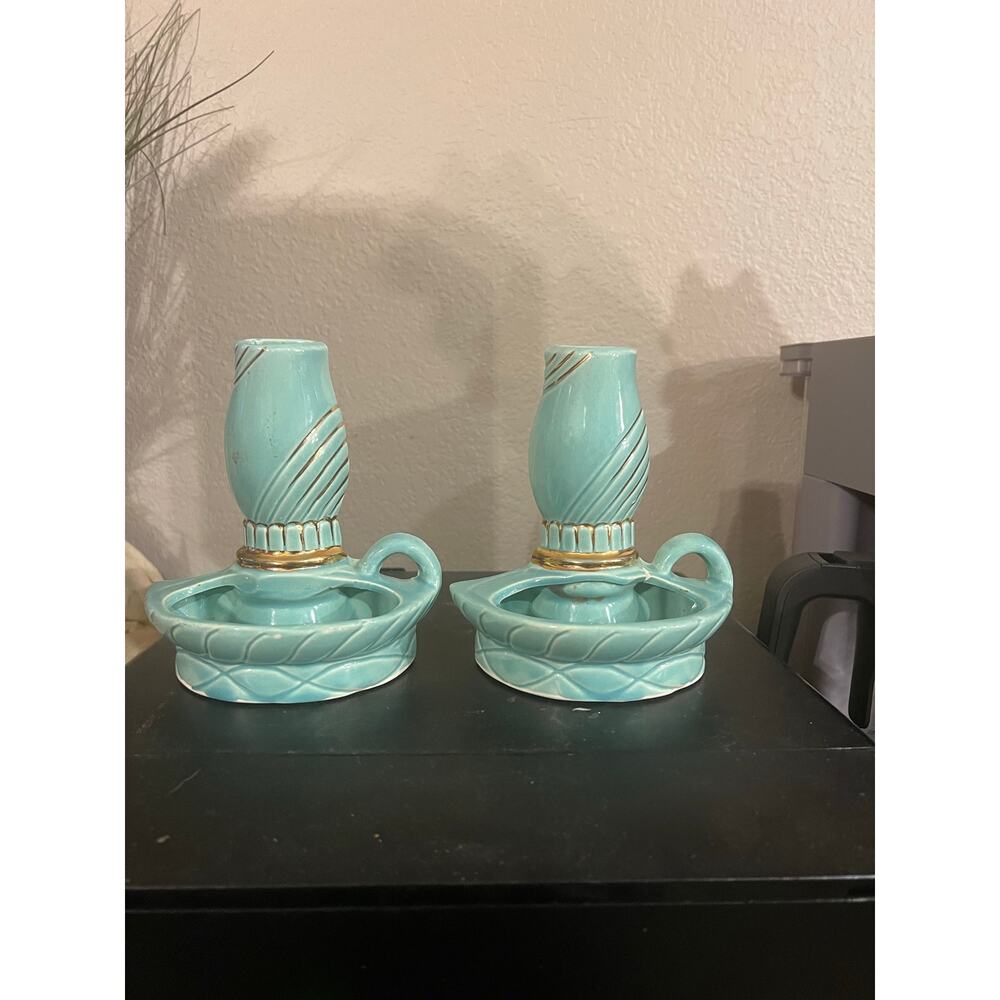 MCM Turquoise Ceramic Wall Vases Lantern Gold Accent Pair Vintage 5.5"